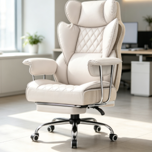 Luxury Off-White High-Back Leather Executive Chair with Footrest and Reclining Function