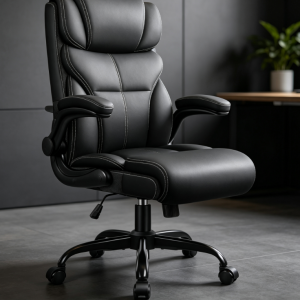 Black High-Back Thickened PU Leather Boss Chair with Exposed Segmented Stitching, Reclining, Height-Adjustable, Adjustable, Swivel Chair for Home and Business Use