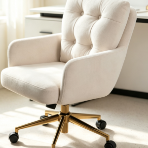 Off-White Button-Up Luxury Fabric Office Chair with Gold Five-Star Base, Height Adjustable and Swivel Desk