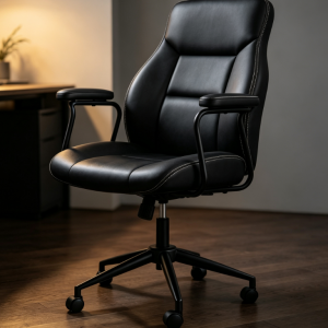 Minimalist Black PU Leather Office Chair with Fixed Iron Armrests - Modern Business Conference Room Height-Adjustable and Swiveling Computer Chair