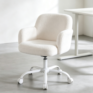 Creamy White Lambswool Office Chair, White Frame, Home Study Height Adjustable Swivel Chair