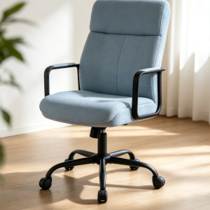 Light Blue Linen Fabric Office Chair, Square-Frame Metal Armrest Home Computer Chair, Minimalist High-Back Height Adjustable Swivel Chair