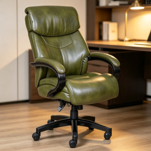 Olive Green Retro PU Leather Boss Chair, Distressed Texture, Stylish for Home/Study, Reclining and Height Adjustable Office Chair