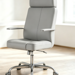 Light Gray Minimalist Luxury PU Leather Office Chair with Metal Armrests and Headrest, Modern Office Building Height-Adjustable and Swiveling Chair