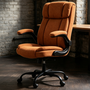 Caramel Orange Fabric Office Chair, Flip-Up Armrest High-Back Computer Chair