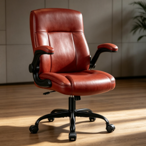 Reddish Brown Retro PU Leather Office Chair with Thick, Full Seat Cushion, Home/Commercial, Reversible, Armrest, Height Adjustable, and Swiveling Office Chair