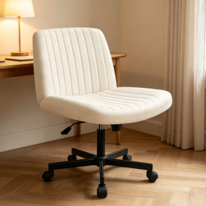 Off-White Minimalist Fabric Computer Chair, Armless, Caster, Study Chair, Small Apartment/Home Use, Height Adjustable Swivel Chair