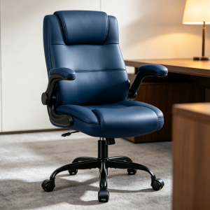 Navy Blue High-Back PU Leather Office Chair, Simple Layered Backrest, Home/Commercial Reversible Armrest Height Adjustable Office Chair