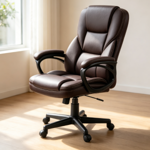 Dark Brown Retro PU Leather Boss Office Chair, Home Study Executive Chair, Classic Chinese Business Height-Adjustable Swivel Chair