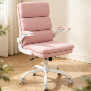 Pink Fabric Office Chair for Women, Foldable Armrests, Home Computer Chair, High-Value Height Adjustable Swivel Chair
