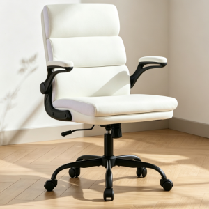 Beige Business Fabric Office Chair, Flip-Up Armrest High Back Computer Chair, Home/Office Height-Adjustable Swivel Chair