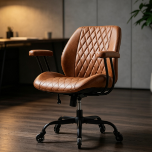 Retro Brown Diamond Quilted Minimalist Office Chair with Iron Armrests, Luxury Home Study Swivel Computer Chair