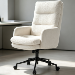 Off-White Lamb Fleece Office Chair, Luxury Plush High-Back Computer Chair, Comfortable Home Study Height-Adjustable Swivel Chair