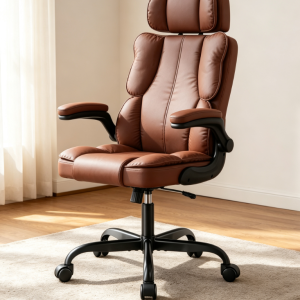 Brownish-Red Leather Office Chair with Headrest, High Backrest, Height Adjustable and Rotating Boss Chair for Home Computer Use