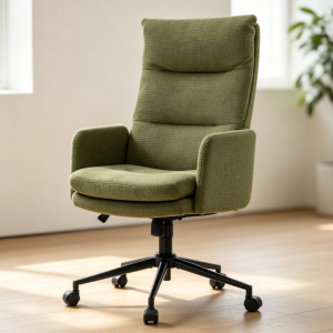Olive Green Linen Fabric Office Chair, Fully Upholstered Armrests, High Back Computer Chair, Home/Study Height Adjustable Swivel Chair