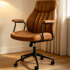 Distressed Brown Vertical Stripe Quilted Leather Office Chair, Simple Iron Armrests, Retro Home Study Height Adjustable Swivel Computer Chair
