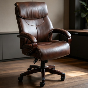 Dark Brown Solid Wood Armrest Luxury Executive Chair, Retro Business Executive Chair, Office Chair with Reclining Genuine Leather Swivel