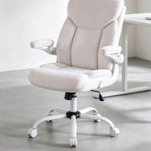 High-Value Off-White Fabric Office Chair with White Lacquered Stand and Fold-Up Armrests, Home Computer Adjustable Swivel Chair